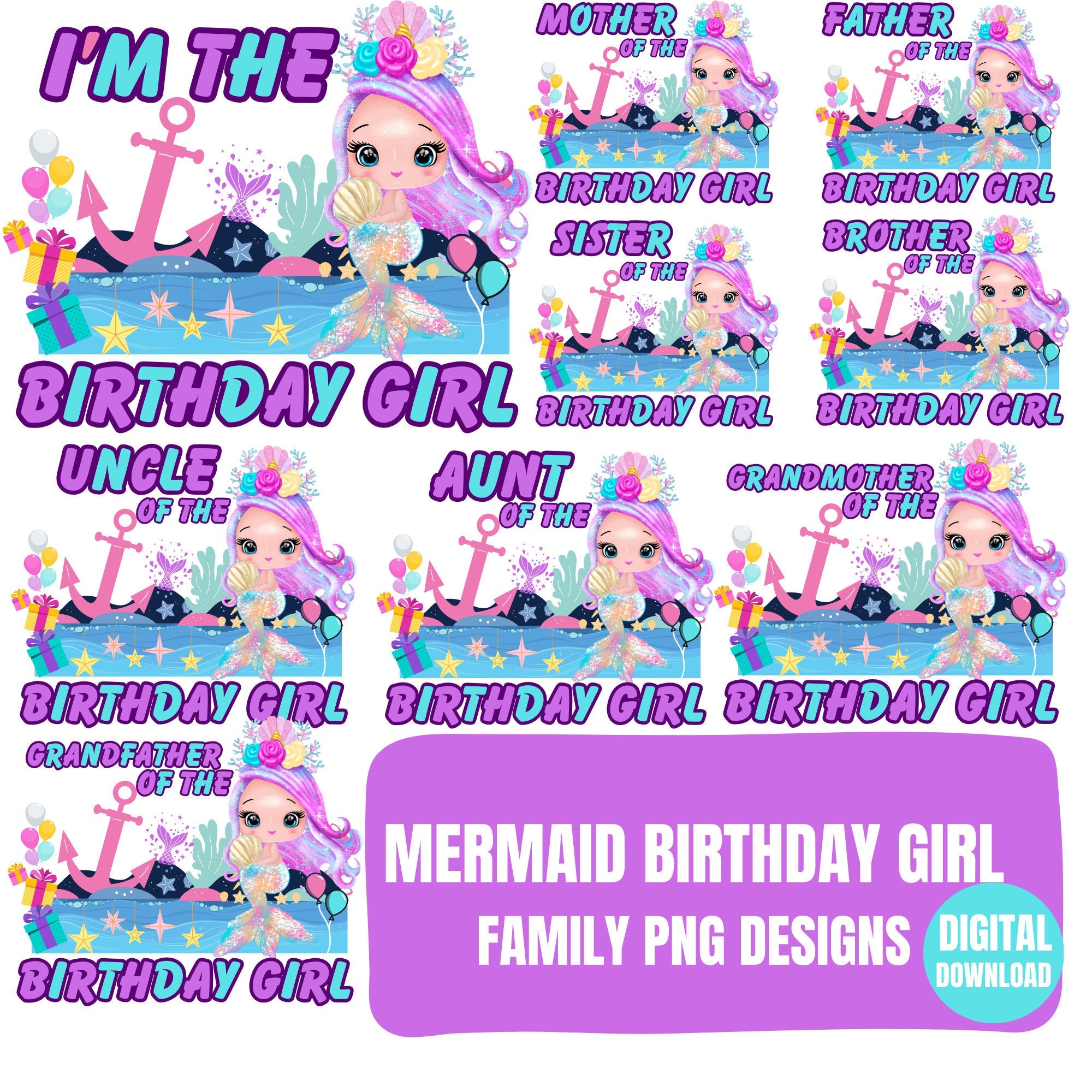 Mermaid Birthday Png, Family Birthday Png, Mermaid Birthday Digital ...