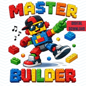 Può includere: Illustrazione colorata di una figura a blocchi con occhiali da sole, berretto e cuffie, che indica con una mano guantata verde. Le parole "MASTER BUILDER" sono in lettere a blocchi. Include note musicali e un'etichetta "DOWNLOAD DIGITALE".