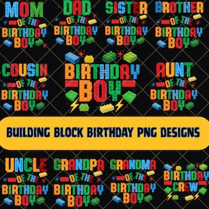 Puede incluir: Una colección de diseños digitales coloridos para celebraciones de cumpleaños. Los diseños presentan textos como "Mamá", "Papá", "Hermana" y "Hermano", con un tema de "Cumpleañero", y gráficos de bloques de construcción. También se incluye el texto "Building Block Birthday PNG Designs".