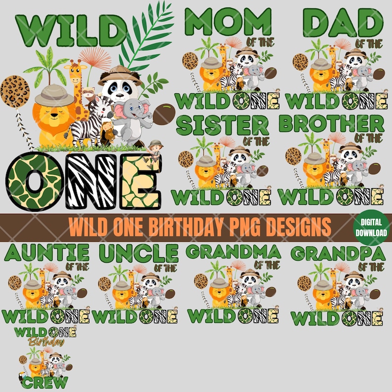 K&ouml;nnte beinhalten: Ein Set mit 10 digitalen Designs im Dschungel-Thema mit Tieren wie einem L&ouml;wen, Zebra, Giraffe, Panda und Affe. Die Designs beinhalten die W&ouml;rter "Wild One" und "Wild One Birthday" mit verschiedenen Titeln wie "Mutter des Wild One", "Schwester des Wild One", "Tante des Wild One" und "Crew des Wild One".