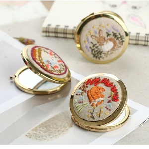 Floral Embroidered Compact Mirror, Pocket Mirror, Makeup Mirror,