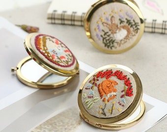 Floral Embroidered Compact Mirror, Pocket Mirror, Makeup Mirror,