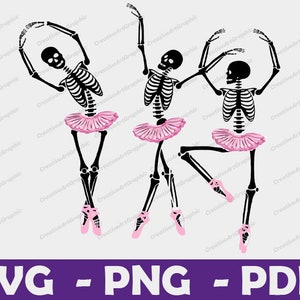 May include: Three black skeleton figures wearing pink tutus and pink ballet shoes. The skeletons are in various ballet poses.
