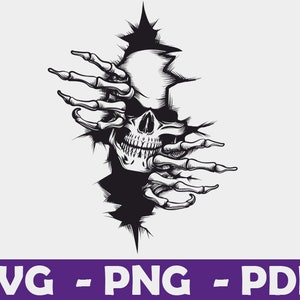 May include: A black and white illustration of a skull with a skeletal hand reaching out from behind a cracked wall. The skull is grinning with teeth and has a prominent nose.