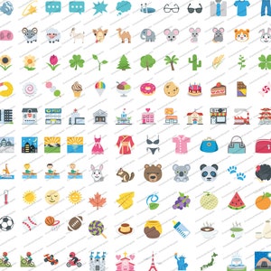 May include: A set of 100 colourful icons depicting various objects, animals, and symbols. The icons are arranged in a grid pattern on a white background. Some of the icons include a pig, a sheep, a goat, a camel, an elephant, a mouse, a sunflower, a tulip, a clover, a tree, a doughnut, a biscuit, a cake, a chocolate bar, a lollypop, a building, a house, a dress, a robe, a bikini, a shirt, a handbag, a rabbit, a squirrel, a bear, a koala, a panda, a football, a basketball, a rugby ball, a lollypop, a custard, a bottle, a cup of coffee, a cup of tea, a bicycle, a motorbike, a castle, a church, the Eiffel Tower, the Statue of Liberty, Mount Fuji, a tent, and a star.