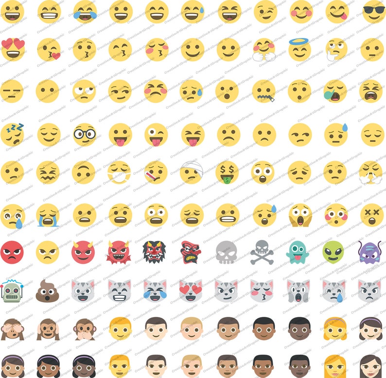 May include: A set of 100 colourful emoji icons, including various facial expressions, animals, and objects. The icons are arranged in a grid pattern on a white background.
