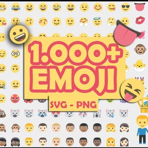 May include: A collection of over 1,000 emoji icons in both SVG and PNG formats. The image shows a variety of colourful emoji icons, including smiling faces, hearts, animals, and food.