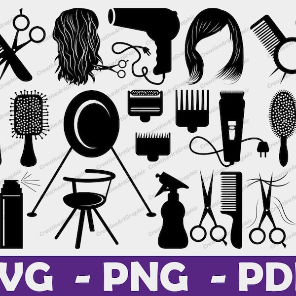 Hair Salon SVG Cut Files, Hair Comb SVG, Barber Svg, Hairstyle Svg, Salon Tools Silhouette Bundle, Cricut, Clipart, Digital file, svg files