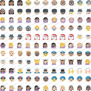 May include: A set of 100 colourful emoji-style icons featuring various facial expressions, hairstyles, and accessories. The icons are arranged in a grid pattern and include characters with different skin tones, genders, and ages.