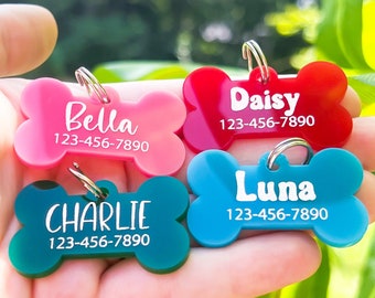 Personalized Dog ID for Collar, Pet Puppy Tag, Engraved Name Tag For Puppies, Girl Boy Personalized, Acrylic Bone, Cute Pet Gift Idea