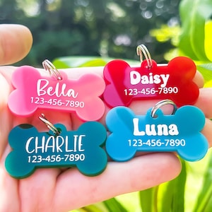 Personalized Dog ID for Collar, Pet Puppy Tag, Engraved Name Tag For Puppies, Girl Boy Personalized, Acrylic Bone, Cute Pet Gift Idea