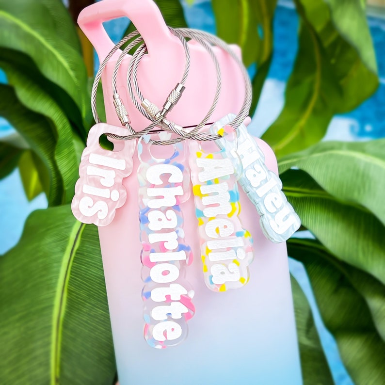 Custom Name Water Bottle Tag, Backpack Name Tag, Lunch Bag Text, Diaper Bag Tag, Kids Personalized Bottle Keyring, School Name Label image 1