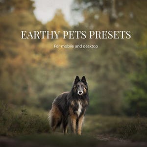 Puede incluir: Un perro pastor belga con pelaje negro, marrón y blanco está de pie en un campo. La imagen tiene el texto "EARTHY PETS PRESETS" y "For mobile and desktop" en letras blancas en la parte superior.