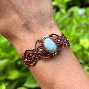 Larimar Macrame Bracelet: Boho Crystal Bangle with Silver Beads, Calming Blue Crystal, Inner Peace