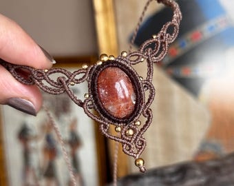 Delicate Sunstone Choker, Brass Beaded Fairy, Boho Crystal Necklace, Adjustable Gemstone Choker