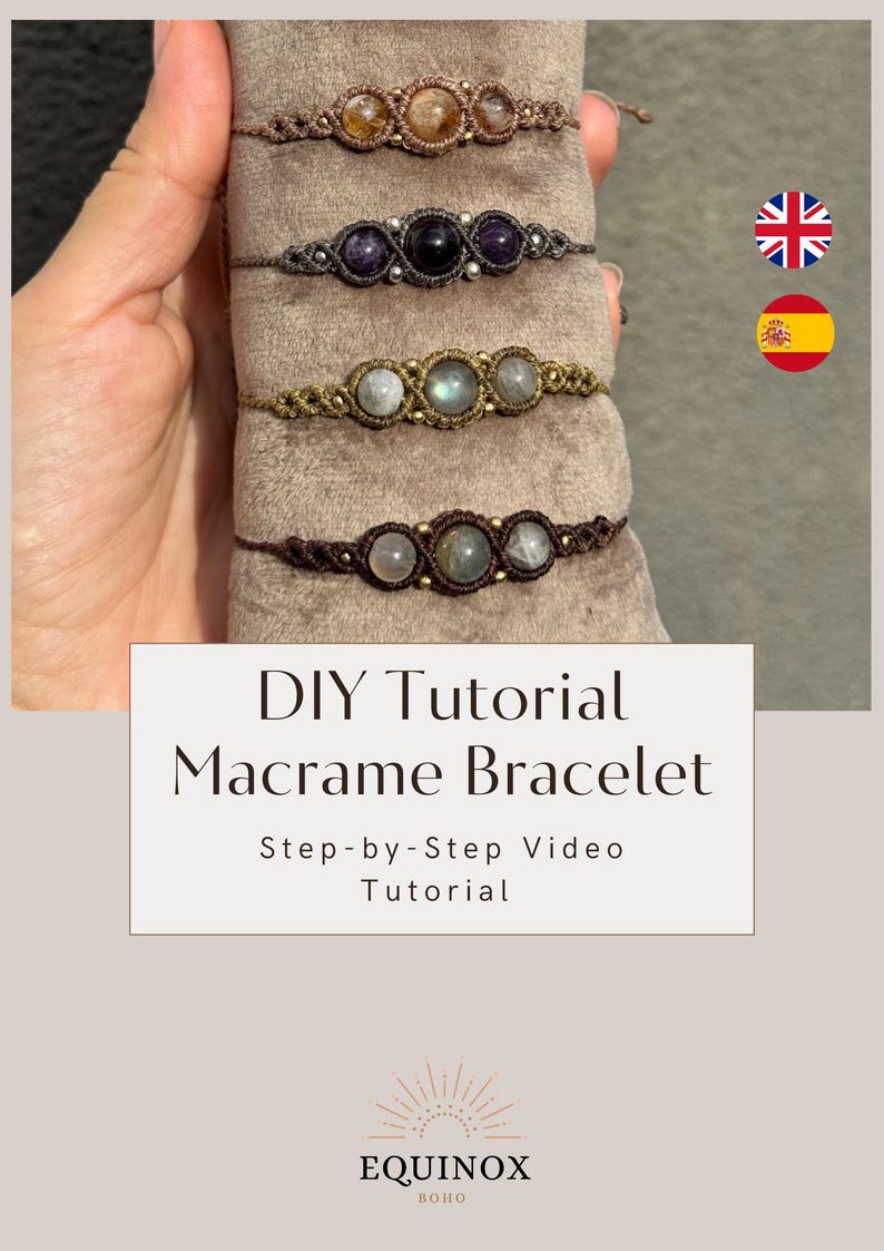 May include: Macrame bracelets with various gemstone beads, including citrine, amethyst, and labradorite. The bracelets are displayed on a soft, neutral surface. The image includes text that reads "DIY Tutorial Macrame Bracelet".