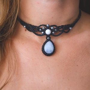 Handmade Moonstone Macrame Choker – Black Boho Crystal Necklace – Healing Jewelry – Spiritual Gift – Moonstone Jewelry