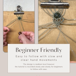 Puede incluir: Primer plano de un proyecto de macram&eacute; en curso, con una cuenta central y nudos intrincados. La imagen incluye el texto "Beginner Friendly" y "Easy to follow with slow and clear hand movements".