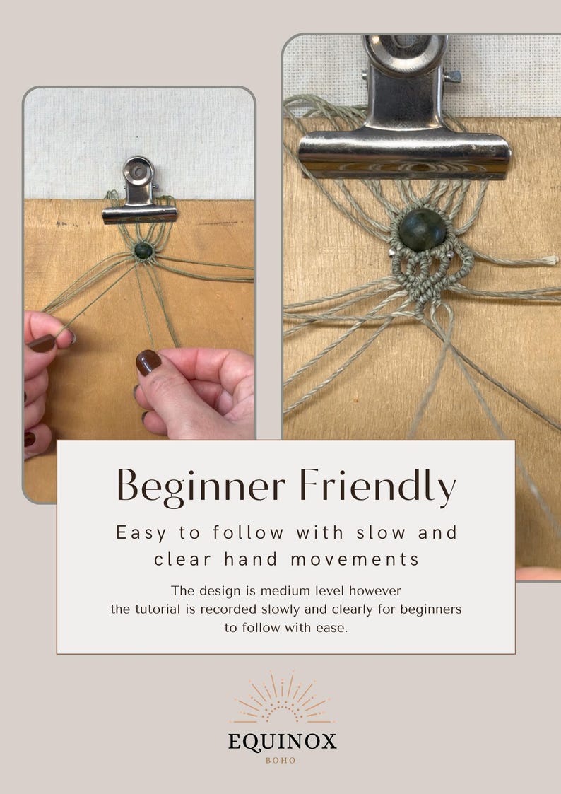 Puede incluir: Primer plano de un proyecto de macram&eacute; en curso, con una cuenta central y nudos intrincados. La imagen incluye el texto "Beginner Friendly" y "Easy to follow with slow and clear hand movements".