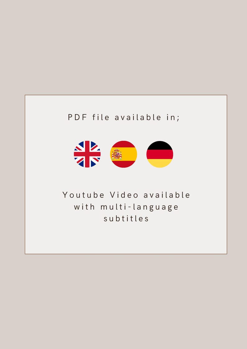 Puede incluir: Un gr&aacute;fico rectangular sobre un fondo beige muestra el texto "PDF file available in;" seguido de las banderas del Reino Unido, Espa&ntilde;a y Alemania. Debajo, se lee "Youtube Video available with multi-language subtitles."
