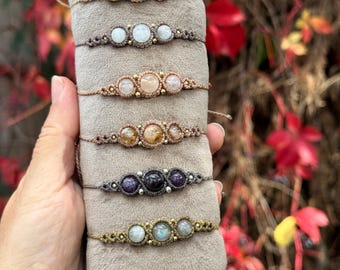 Gemstone Beaded Macrame Bracelet: Amethyst, Labradorite, Moonstone, Rose Quartz, Citrine, Jade, Aquamarine