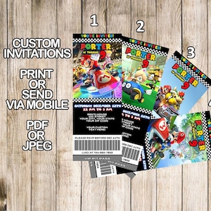 Convites para ingressos do Mario Kart, convites de aniversário do Mario Kart, festa do Mario Kart, evento de aniversário do Mario Kart