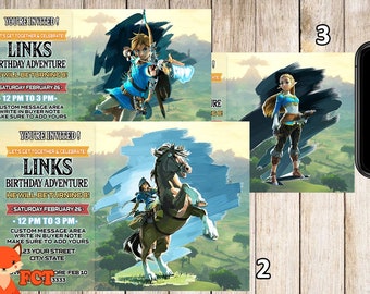 May include: Three printable invitations for a birthday party featuring the video game character Link from the Legend of Zelda series. The invitations are in a cartoon style and feature Link in different poses. The text on the invitations reads "Let's get together to celebrate Link's Birthday Adventure".