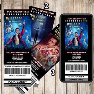 Invitaciones de boletos de The Greatest Showman, The Greatest ShowmanInvitaciones de cumpleaños, The Greatest Showman Party evento de cumpleaños