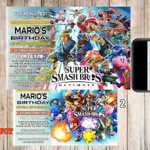 Mario smash bros Invitaciones, Mario smash bros Invitaciones de cumpleaños, Mario brothers Party, Mario birthday event