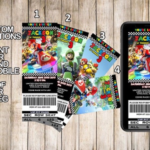Mario Kart Ticket Einladungen, Mario Kart Geburtstag lädt ein, Mario Kart Party, Mario Kart Geburtstagsevent