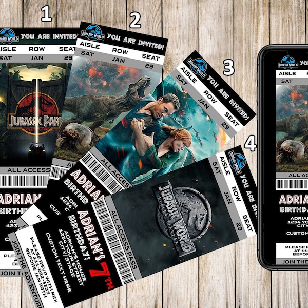 Jurassic world Invitations, Jurassic world Birthday Invites ticket, Jurassic Park ticket, Jurassic world Movie Party, Jurassic world event