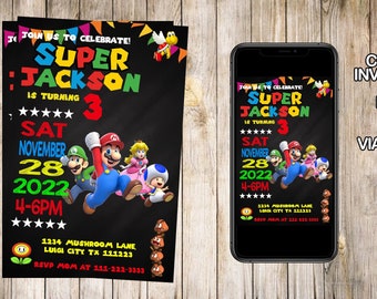 Mario-uitnodigingen, Mario Brothers-verjaardagsuitnodigingen, Mario Bros-feest, Mario-verjaardagsevenement, super mario
