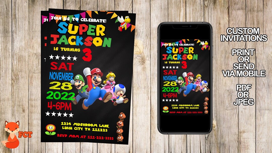 Mario Invitations, Mario Brothers Birthday Invites, Mario Bros Party
