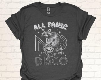 Retro Raccoon Disco T-Shirt | All Panic No Disco | Funny Vintage Racoon Graphic Design Shirt | Witty Gift Idea for Friends and Party Haters