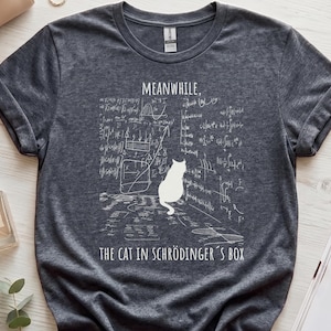 Puede incluir: Una camiseta de manga corta en gris jaspeado oscuro con un gráfico blanco de un gato sentado frente a complejas ecuaciones y diagramas matemáticos. El texto dice "MEANWHILE, THE CAT IN SCHRÖDINGER'S BOX" en una fuente blanca clara.