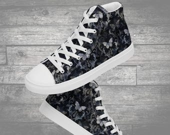 Gothic Sneakers with Butterfly Pattern | High-Top Shoes for Gothic Lovers | Gift for Moth Fans | Dark Style Canvas Shoes For Women