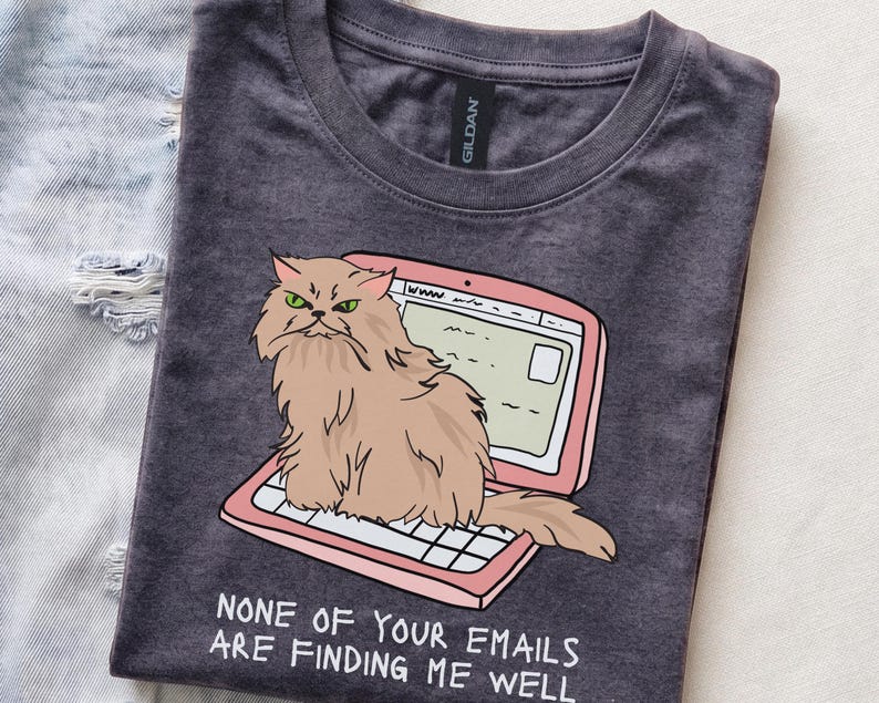 May include: A charcoal gray crew neck t-shirt featuring a graphic of a fluffy tan cat sitting on a pink laptop. The cat has green eyes and a grumpy expression. Below the laptop, the text reads: NONE OF YOUR EMAILS ARE FINDING ME WELL.