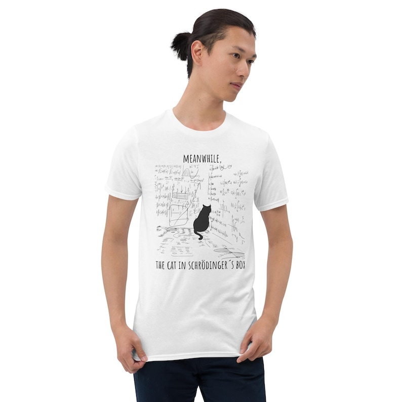 Unisex T-Shirt mit einer Katze, die vor einer Wand aus mathematischen Formeln sitzt und der Aufschrift: Meanwhile, the cat in Schrödingers Box.