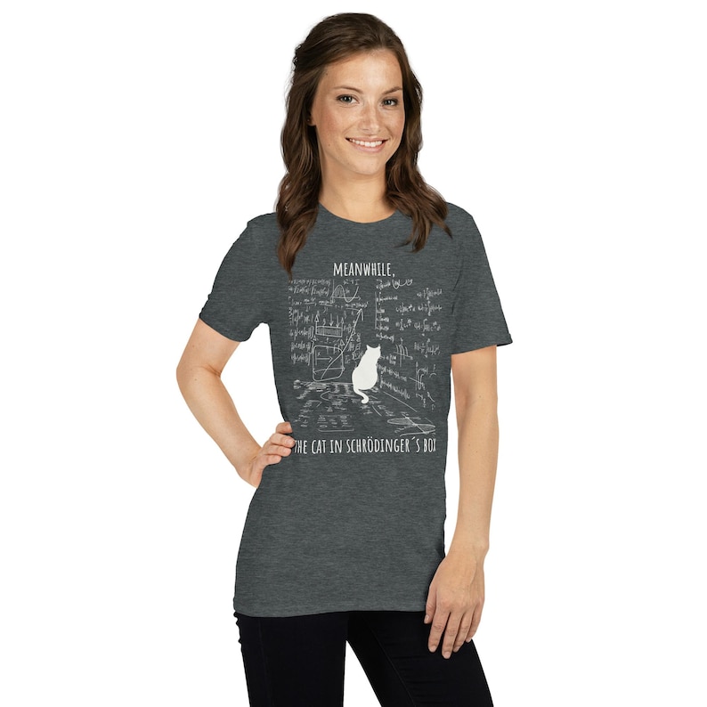 Unisex T-Shirt mit einer Katze, die vor einer Wand aus mathematischen Formeln sitzt und der Aufschrift: Meanwhile, the cat in Schrödingers Box.