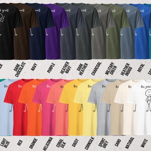 May include: A collection of short-sleeved t-shirts in various colors, including black, navy, and white. Each shirt features a stick figure design with the German text "Bin jetzt gro&szlig;". The shirts are arranged in rows, showcasing a wide range of available colors.