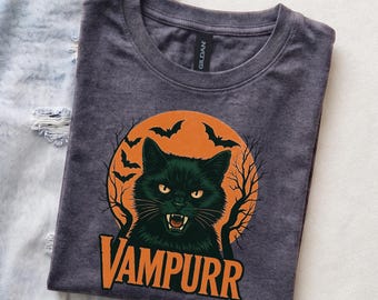 Funny Halloween Cat T-Shirt | Spooky Retro Vampire Vampurr Shirt | Humorous Animal Design for Cat Lovers | Fall Costume Gift Idea for Friend