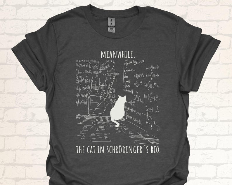 Unisex T-Shirt mit einer Katze, die vor einer Wand aus mathematischen Formeln sitzt und der Aufschrift: Meanwhile, the cat in Schrödingers Box.