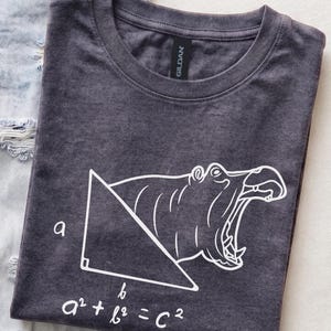 Può includere: Una t-shirt grigio antracite scuro con una grafica a linee bianche di un ippopotamo integrato in un triangolo rettangolo. Sotto il triangolo, la formula del teorema di Pitagora a al quadrato più b al quadrato uguale c al quadrato è stampata.