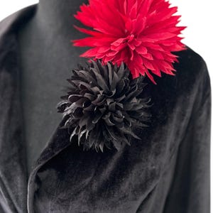 Satin flower pin, silk flower pin, black flower accent, red flower, black flower pin