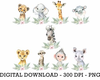 PNG Set of 9 Tropical Jungle Safari Animals, Kids Sublimation, Baby Shower Invite Clipart, Jungle Birthday Decor, Baby Animals Cake Topper