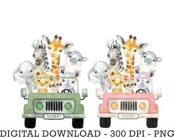 Set 2 PNG Tropical Jungle Safari Animals Car, Kids Sublimation, Baby Shower Invite Clipart, Jungle Birthday Decor, Baby Animals Cake Topper