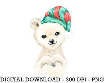 PNG Christmas Polar Bear in Santa Hat, Baby Winter Animals, Kids Sublimation Design, Winter Christmas Sack Design