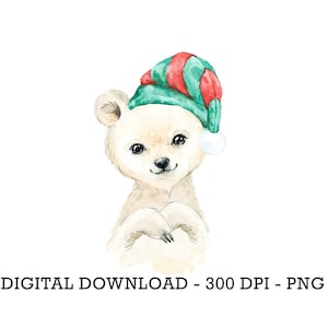 PNG Christmas Polar Bear in Santa Hat, Baby Winter Animals, Kids Sublimation Design, Winter Christmas Sack Design