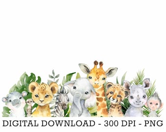 PNG Tropical Jungle Safari Animals Car, Kids Sublimation, Baby Shower Invite Clipart, Jungle Birthday Decor, Baby Animals Cake Topper Active