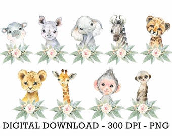 PNG Set of 9 Tropical Jungle Safari Animals, Kids Sublimation, Baby Shower Invite Clipart, Jungle Birthday Decor, Baby Animals Cake Topper